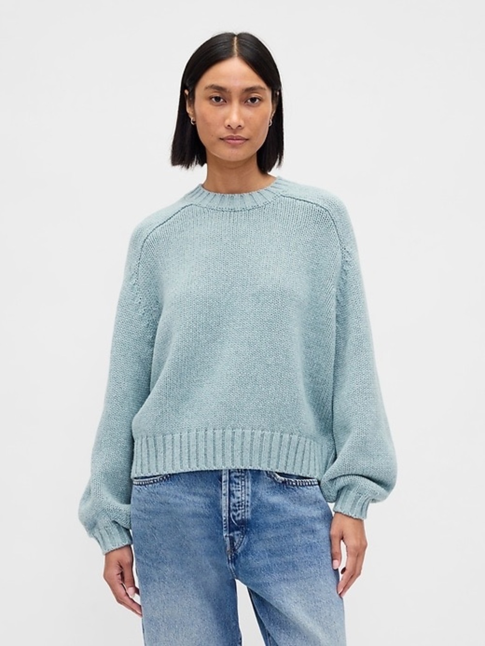 GAP Cropped Crewneck Sweater in Dusty Aqua Blue